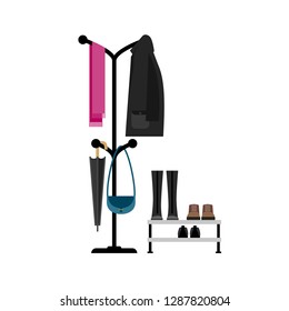 Furniture for hall in flat style. Clothes hanger and shoes.