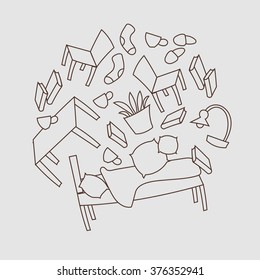 Furniture hand drawn pattern. Home accessories. Vector illustration. Modern minimalist design.