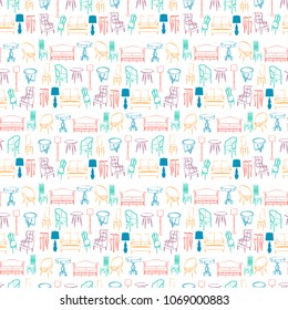 Furniture hand drawn seamless pattern with modern and classic furniture and home accessories vector illustration