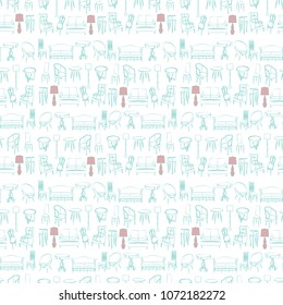 Furniture hand drawn seamless pattern with modern and classic furniture and home accessories. vector illustration
