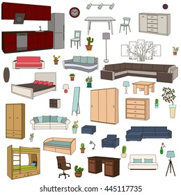 Furniture hand drawn seamless pattern with modern and classic home accessories vector illustration