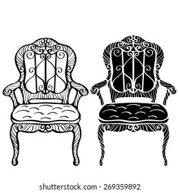 Furniture hand drawn set, vintage chair, armchair, throne front view closeup, line art, black silhouette isolated on a white background 