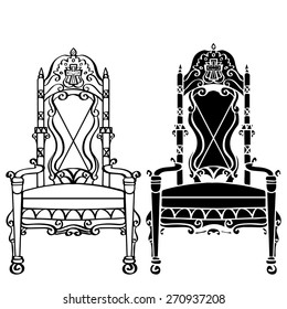 Furniture hand drawn set, vintage gothic chair, armchair, throne front view closeup, line art, black silhouette isolated on a white background 