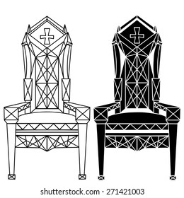 Furniture hand drawn set, vintage gothic chair, armchair, throne front view with  cross closeup, line art, black silhouette isolated on a white background 