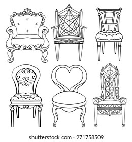 Furniture hand drawn set, vintage chair, armchair, throne front view closeup, black lines isolated on a white background 