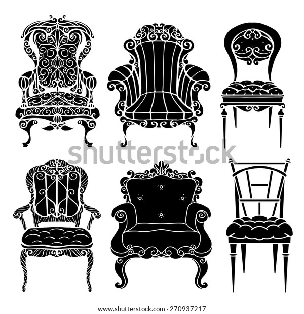 家具の手描きのセット ビンテージチェア 肘掛け椅子 玉座の正面図の接写 白い背景に黒いシルエット のベクター画像素材 ロイヤリティフリー