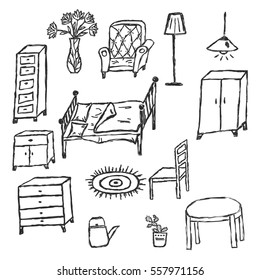 Furniture hand drawn vector illustration. Furniture Set