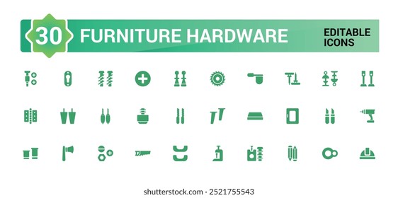 Furniture hardware isolated solid icons set. Set of carpenter fasteners, glyph icon collection for web and ui. Filled icon pack. Solid icon set. Vector illustration.