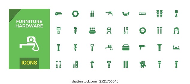 Furniture hardware isolated solid icons set. Set of carpenter fasteners, glyph icon collection for web and ui. Filled icon pack. Solid icon set. Vector illustration.