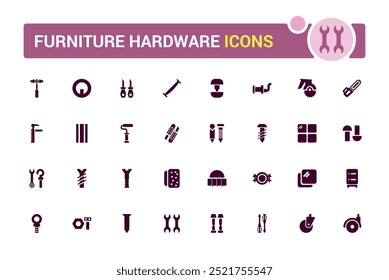Furniture hardware isolated solid icons set. Set of carpenter fasteners, glyph icon collection for web and ui. Filled icon pack. Solid icon set. Vector illustration.