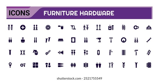 Conjunto de iconos sólidos aislados de hardware de muebles. Conjunto de sujetadores de carpintero, colección de icono de glifo para Web y ui. Paquete de iconos lleno. Conjunto de iconos sólidos. Ilustración vectorial.