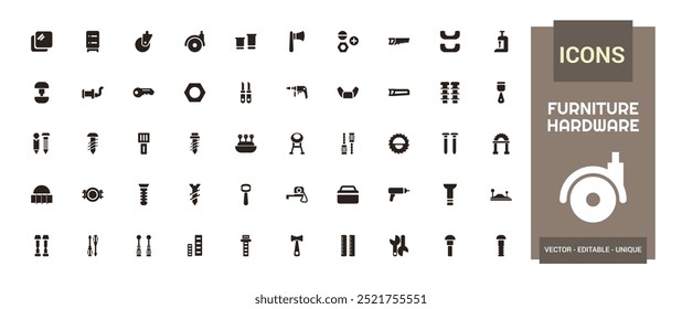 Furniture hardware isolated solid icons set. Set of carpenter fasteners, glyph icon collection for web and ui. Filled icon pack. Solid icon set. Vector illustration.