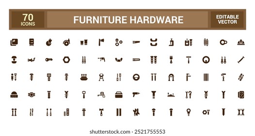 Furniture hardware isolated solid icons set. Set of carpenter fasteners, glyph icon collection for web and ui. Filled icon pack. Solid icon set. Vector illustration.