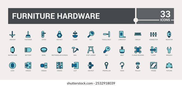 Furniture hardware line colorful icons set. Collection of felt furniture pads, kitchen facade and more. Editable color line and filled icon pack. Pixel perfect.