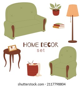 Furniture and home accessories. Set of design elements, including sofa, chair, book, table, plant and floor lamp. Colorful flat vector illustration isolated on a white background