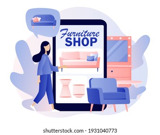 Furniture and home accessories store. Tiny woman shopping furniture and home decor online use smartphone. Sofa shop. Modern flat cartoon style. Vector illustration on white background