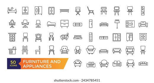 Furniture and home appliances flat line icons set. Kitchen, bedroom, sofa table, bookcase closet, chair, mattress, lamps, ladder vector illustrations.