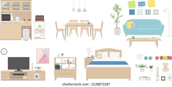 Furniture and home appliances. Vector illustration of interior products such as sofa, bed, dining table, TV cabinet, shelf and kitchen cabinet.