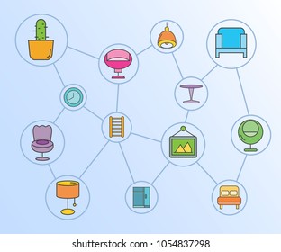 furniture and home applicance network diagram in blue background