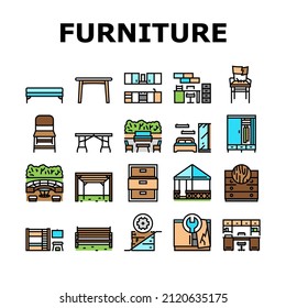 Furniture For Home And Backyard Icons Set Vector. Dinning And Folding Table, Kitchen And Bedroom Furniture, Wardrobe And Cabinet, Repair Old Broken Chair And Bench Line. Color Illustrations