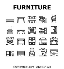 Furniture For Home And Backyard Icons Set Vector. Dinning And Folding Table, Kitchen And Bedroom Furniture, Wardrobe And Cabinet, Repair Old Broken Chair And Bench Line. Black Contour Illustrations