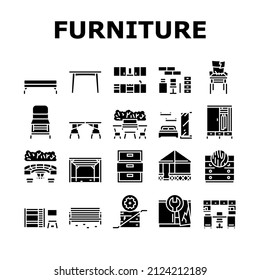 Furniture For Home And Backyard Icons Set Vector. Dinning And Folding Table, Kitchen And Bedroom Furniture, Wardrobe And Cabinet, Repair Old Broken Chair And Bench Glyph Pictograms Black Illustrations