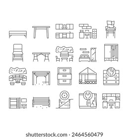 Muebles Para El Hogar Y El Patio Trasero Iconos Set Vector. Mesa De Comedor Y Plegable, Muebles De Cocina Y Dormitorio, Armario Y Gabinete, Reparar La Silla Rota Vieja Y Línea De Banco. Ilustraciones de contorno negro