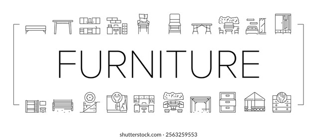 Furniture For Home And Backyard Icons Set Vector. Dinning And Folding Table, Kitchen And Bedroom Furniture, Wardrobe And Cabinet, Repair Old Broken Chair And Bench Line. Black Contour Illustrations