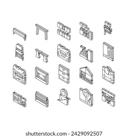 Furniture For Home And Backyard isometric icons set. Dinning And Folding Table, Kitchen And Bedroom Furniture, Wardrobe And Cabinet, Repair Old Broken Chair And Bench Line. Color .