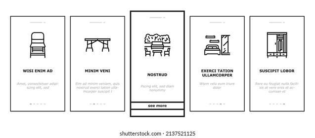 Furniture For Home And Backyard Onboarding Mobile App Page Screen Vector. Dinning And Folding Table, Kitchen And Bedroom Furniture, Wardrobe Cabinet, Repair Old Broken Chair Bench Line. Illustrations