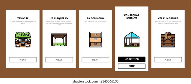 Furniture For Home And Backyard Onboarding Mobile App Page Screen Vector. Dinning And Folding Table, Kitchen And Bedroom Furniture, Wardrobe Cabinet, Repair Old Broken Chair Bench Line. Illustrations