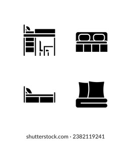 Furniture for home black glyph icons set on white space. Bed and bedclothes. Bedroom decor. Kids room. House furnishings. Silhouette symbols. Solid pictogram pack. Vector isolated illustration