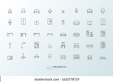 Furniture and home decor icon set in modern flat style drawing with grey lines