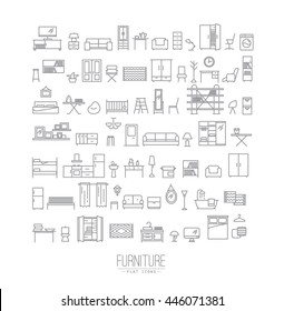 Furniture and home decor icon set in modern flat style drawing with grey lines on white background