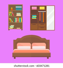 Furniture home decor icon set indoor cabinet interior room library office bookshelf modern restroom silhouette decoration vector illustration