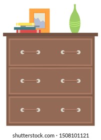 Furniture for home decor, isolated chest of drawers made of wooden material. Vase and picture frame on surface, books and publications on top of table. Vector illustration in flat cartoon style