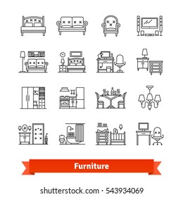 Furniture & home decor. Thin line art icons set. Room interiors, office furnishings, decoration. Linear style symbols isolated on white.