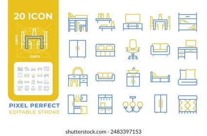Furniture and home decor two color line icons set. Tables and chairs. Home comfort. Bedroom arrangement bicolor outline iconset isolated. Duotone pictograms thin linear. Editable stroke