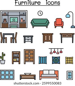 Furniture and Home decorate items icon set in colorline style