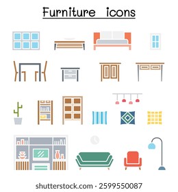 Furniture and Home decorate items icon set in flat color style