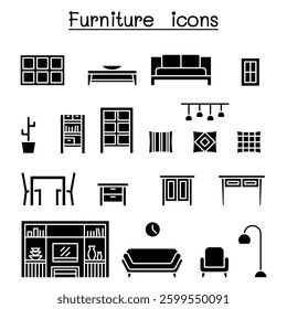 Furniture and Home decorate items icon set in glyph style
