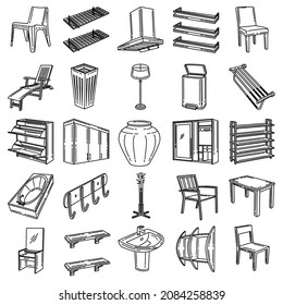 Furniture and Home Decoration Hand Drawn Icon Set Vector.