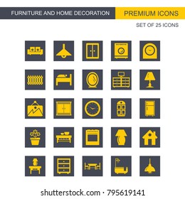 Furniture and home decorations set of icons grey and yellow