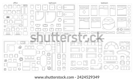 Furniture for home design grouped by room. Vector flat cartoon, isolated objects for plan. Office and bathroom, bedroom and kitchen, guest or living space furnishing and decor pieces set