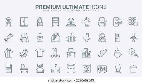 Furniture and home equipment thin line icons set vector illustration. Abstract outline comfortable clothes and furnishings for rooms, lifestyle hygiene tools and electrical appliances, fireplace