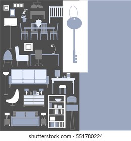 Furniture for home, housewarming, house keys. Vector illustration.