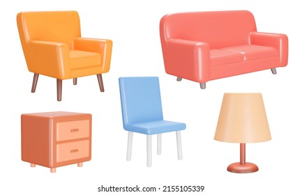 Furniture for the home icon set. Armchair, sofa, chair, floor lamp, nightstand. Isolated 3d icons, objects on a transparent background