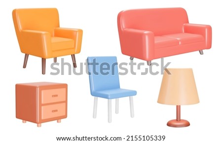 Furniture for the home icon set. Armchair, sofa, chair, floor lamp, nightstand. Isolated 3d icons, objects on a transparent background