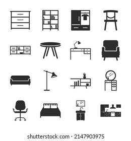 Furniture for home icons set. Interior Design. Monochrome black and white icon.