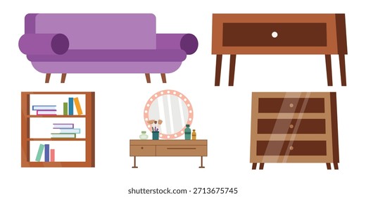 Móveis e elementos interiores de casas. O conceito de conjunto de ícones de móveis da ilustração de vetor de ícone do equipamento doméstico. 

